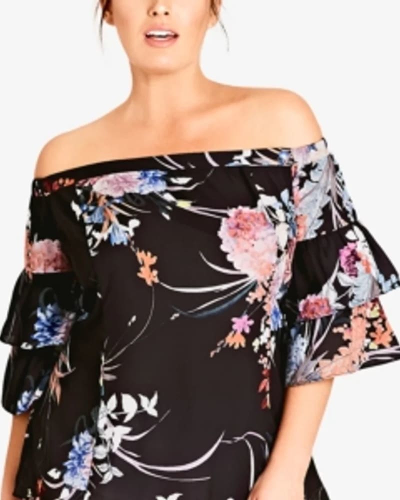 Front of a model wearing a size 24W City Chic Women's Plus Floral Flourish Off-the-Shoulder Top Black Size 24W in Black by City Chic. | dia_product_style_image_id:311200
